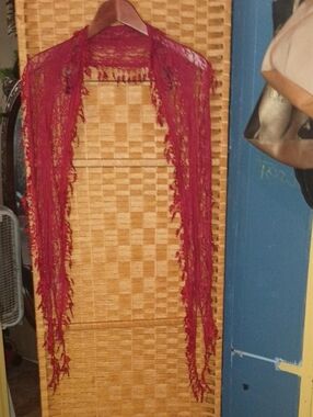 Source Unknown Deep Red Fringed Lace Curtain Panel